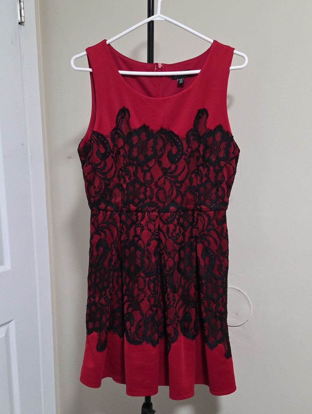 le chateau Red Dress with Black Lace Overlay